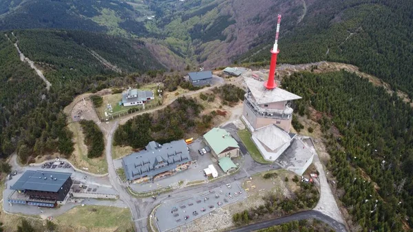 Una Vista Aerea Della Torre Trasmettitore Lysa Hora Montagne Beskids — Foto Stock
