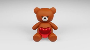 Beyaz arka planda kalbi olan sevimli kahverengi oyuncak ayı figürünün dijital 3D görüntüsü.