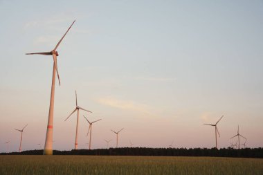 Gün batımında tarlada çalışan yel değirmenlerinin manzarası.