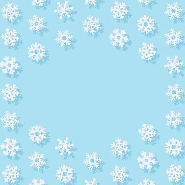 Wzór Zimowy Wykonany Płatków Śniegu Niebieskim Tle Wolną Przestrzenią Pośrodku — Zdjęcie stockowe