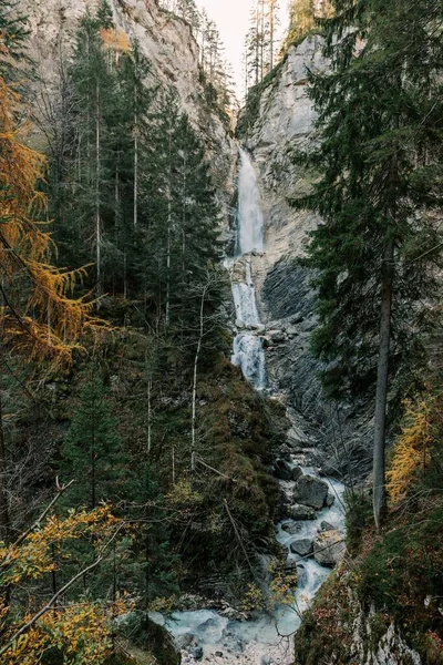 Gyönyörű Vízesés Szeszélyes Erdőben Ősszel Szlovéniai Gozd Martuljek Ban — Stock Fotó
