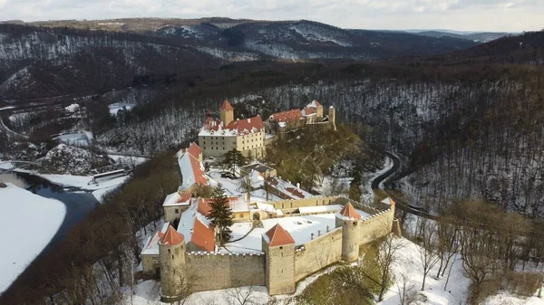 Aerial View Famous Veveri Castle Covered Snow — Stock Photo, Image