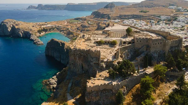 Una Vista Aérea Acrópolis Lindos Isla Rodas Durante Día Grecia — Foto de Stock