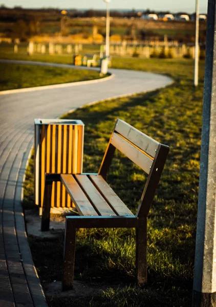 一张布拉格当地公园长椅的垂直照片 在模糊的背景下有一条人行道 — 图库照片