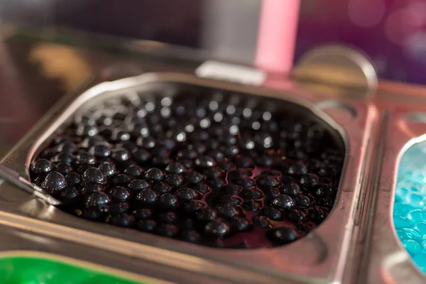 Selective Focus Colorful Black Roe Caviar Food Displayed Poles Restaurant — Stock Photo, Image