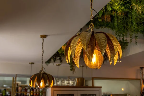 Modern Chandeliers Palm Trees Illuminated Lantern Blurred Background — Stock Photo, Image