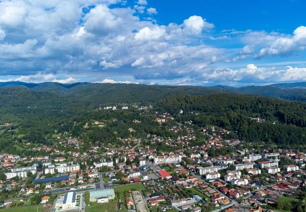 晴れた日に背景に森とルーマニアのソヴァタ市の空中ショット — ストック写真