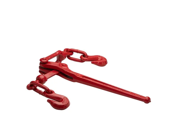 一种金属红色棘轮链条粘合剂 用于固定白色底座上隔离的负载 — 图库照片