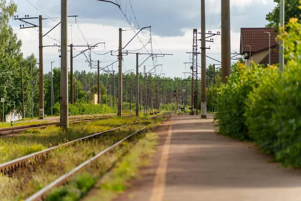 Beautiful View Rails Station Electricity Poles Sunny Day — Stock Photo, Image