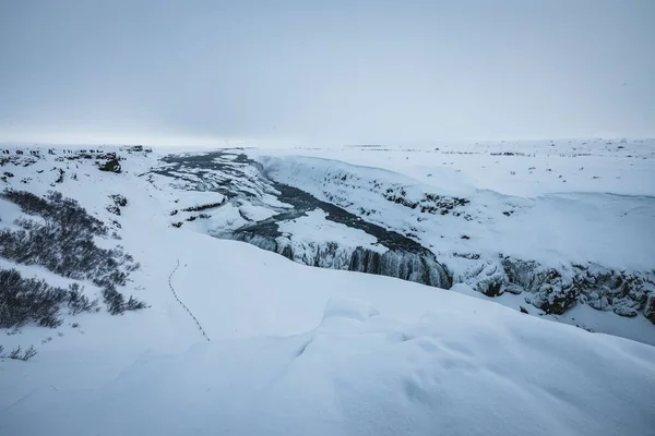 Uma Vista Panorâmica Das Cataratas Gullfoss Durante Inverno Islândia — Fotografia de Stock