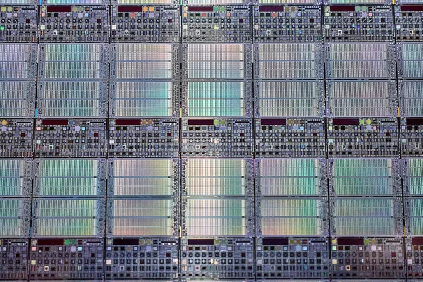 Una Cialda Silicio Con Microchip Utilizzati Elettronica Fabbricazione Circuiti Integrati — Foto Stock