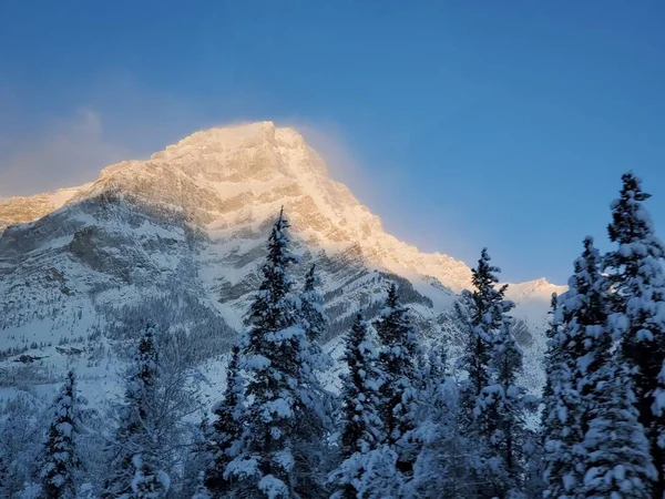 Pico Coberto Neve Montanha Alberta Com Céu Azul Fundo Canadá — Fotografia de Stock