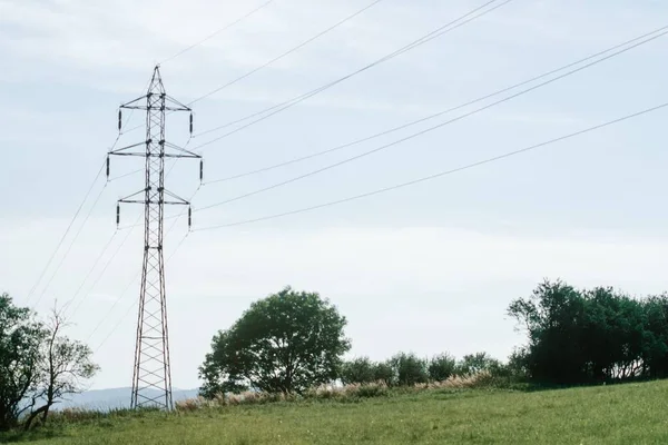 Strommasten Der Landschaft Hochspannungsmasten Mit Kabelleitungen Auf Dem Grünen Feld — Stockfoto