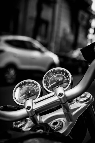 Selective Vertical Grayscale Shot Speed Rpm Gauges Motorcycle — Stock Photo, Image