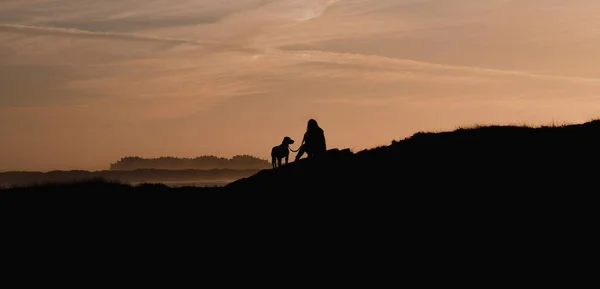 Die Silhouette Eines Menschen Der Bei Sonnenuntergang Mit Seinem Hund — Stockfoto