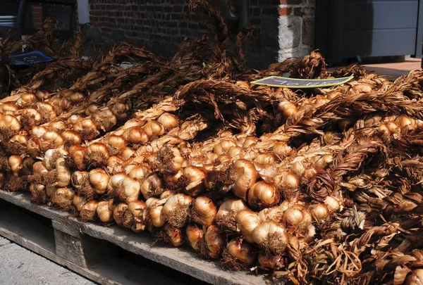 Výstava Copánků Uzeného Česneku Prodeji Během Česnekového Festivalu Města Arleux — Stock fotografie