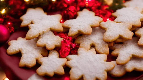 Noel Şekerli Kurabiyelerin Yakın Plan Çekimi Şenlikli Dekorasyonlar Süslemeler — Stok fotoğraf