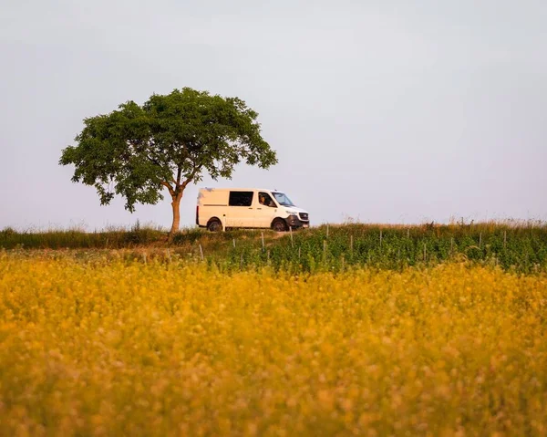 Фургон Проезжающий Мимо Поля Покрытого Травой Желтыми Деревьями Облачным Небом — стоковое фото