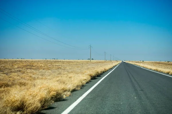 澳大利亚农村科菲尔德附近一条长长的笔直的道路 长满干草 蓝天清澈 — 图库照片