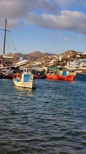 Barcos Pesca Coloridos Centro Cidade Mykonos — Fotografia de Stock