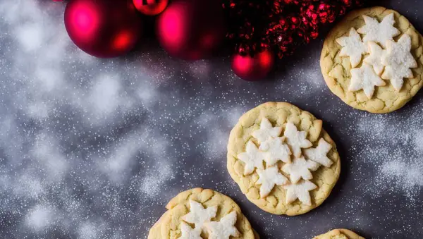 Noel Şekerli Kurabiyelerin Yakın Plan Çekimi Şenlikli Dekorasyonlar Süslemeler — Stok fotoğraf