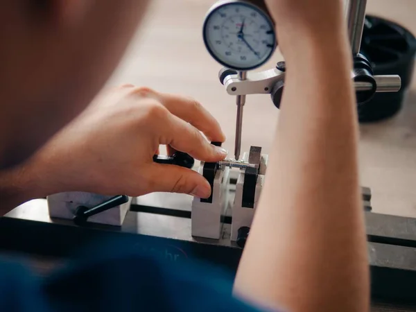 Closeup Man Hands Measuring Equipment Precision Industry — Stock Photo, Image
