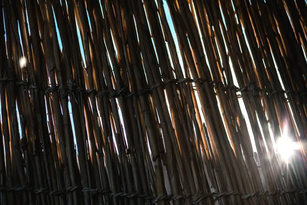 Zbliżenie Słomkowej Chaty Przenikliwym Światłem Słonecznym — Zdjęcie stockowe