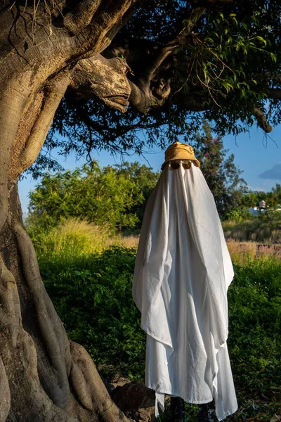 森の中に白い布で覆われたハロウィーンの幽霊のような服を着た男の垂直 — ストック写真