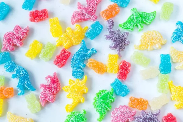 Flat Lay Colorful Gummy Candies Shape Dinosaur Bear Covered Sour — Stock Photo, Image