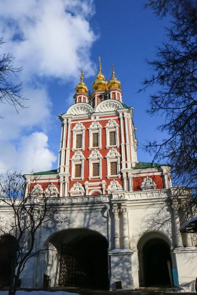 Tiro Vertical Mosteiro Convento Novodevichy Fundo Azul Céu Nublado Moscou — Fotografia de Stock