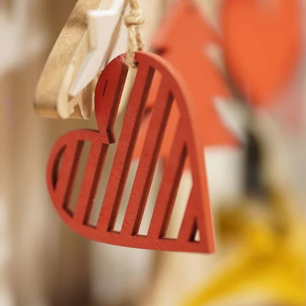 Closeup Shot Painted Wooden Heart Christmas Tree Ornament Rope — Stock Photo, Image