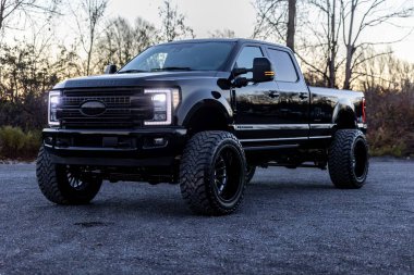 Ormanlarla çevrili 2017 model Ford F350 platin kamyonet.
