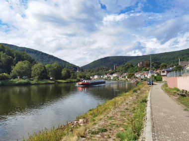 Güneşli bir günde, arkasında dağlar olan Ren Nehri 'nde yelken açan bir kargo gemisi.