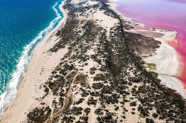 Bir tarafında parlak mavi bir okyanus, diğer tarafında pembe bir göl olan kumlu bir sahil manzarası.
