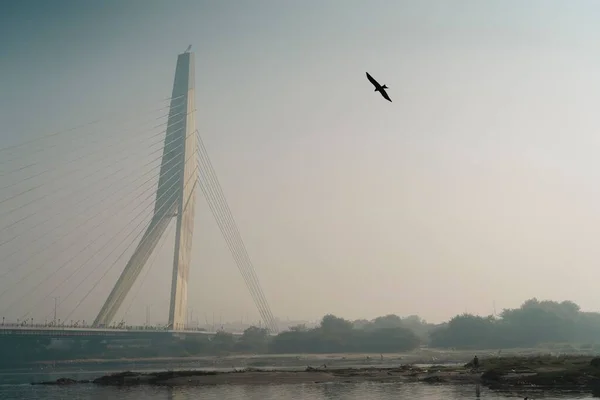 Silhouette Flying Bird Background Signature Bridge Delhi India — Stock Photo, Image