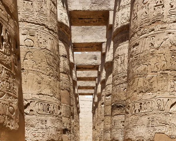 View Egyptian Mythological Carvings Columns Karnak Temple — Stock Photo, Image