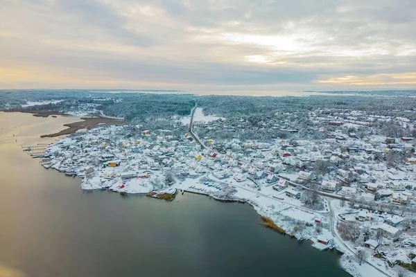 Madártávlatból Látni Várost Fredrikstadot Tenger Mellett Télen — Stock Fotó