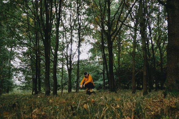 秋の森を歩くオレンジのジャケットを着たハイカーの背中の景色 — ストック写真