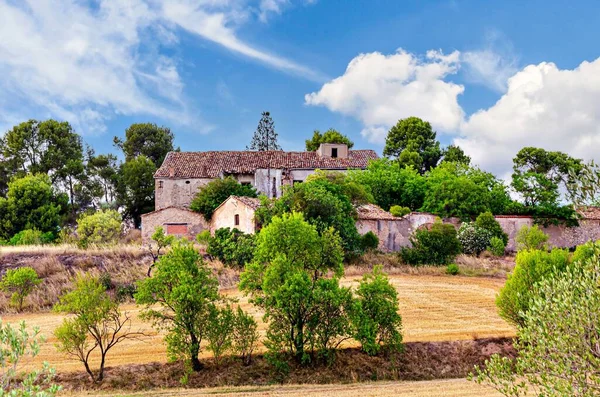 加泰罗尼亚的一座废弃的石头房子 周围是一片草地和树木 — 图库照片