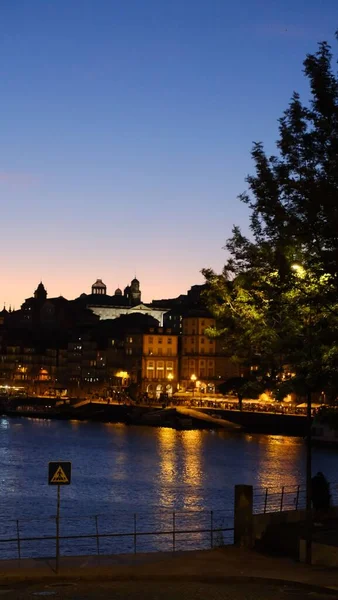 Piękny Widok Pionowy Tradycyjne Budynki Pobliżu Rzeki Porto Portugalia Nocy — Zdjęcie stockowe