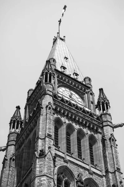 Černobílá Fotografie Mírové Věži Parlamentních Budov Ottawě — Stock fotografie