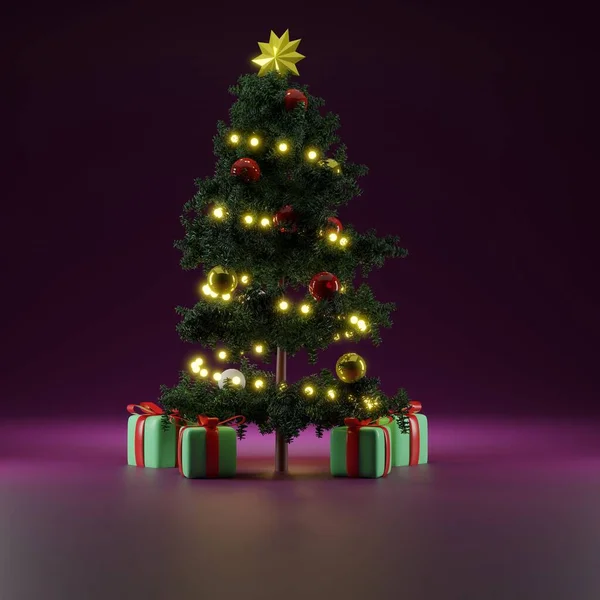 Μια Τρισδιάστατη Απεικόνιση Χριστουγεννιάτικου Δέντρου Κουτιά Δώρου Μωβ Φόντο — Φωτογραφία Αρχείου