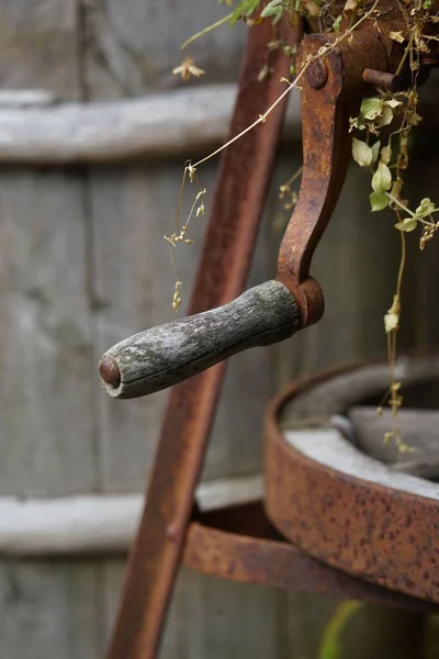 Ett Vertikalt Skott Ett Handtag Rostig Mekanism Trädgården — Stockfoto