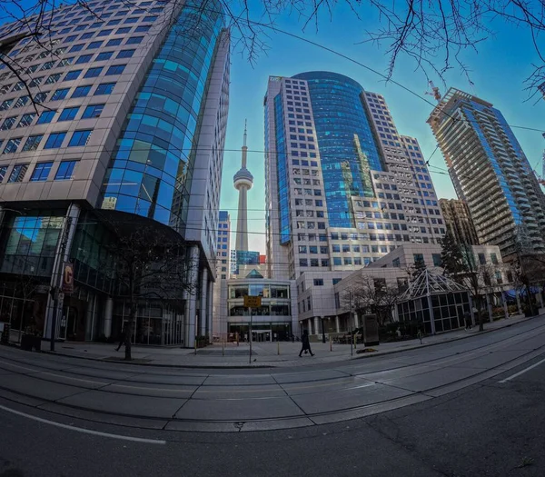 Низкоугольный Снимок Башни Окружающих Зданий Торонто Канада — стоковое фото