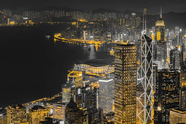 Вид Повітря Міський Пейзаж Березі Вночі Освітлений Вогнями Гонконг Китай — стокове фото