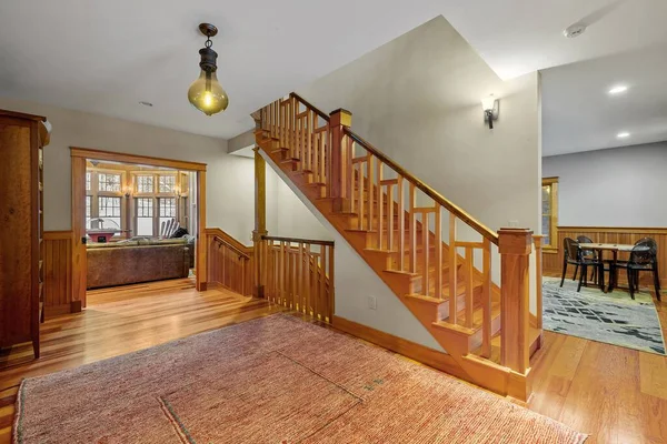 stock image The staircase of a contemporary rustic home in the mountains