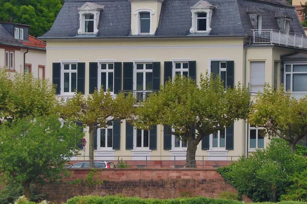 Ein Altes Gebäude Mit Fenstern Umgeben Von Grünen Bäumen — Stockfoto