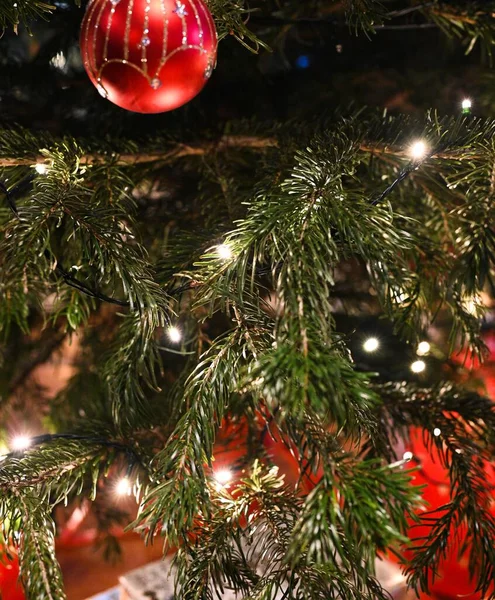 Φώτα Και Ένα Όμορφο Κόκκινο Bauble Ένα Χριστουγεννιάτικο Δέντρο — Φωτογραφία Αρχείου