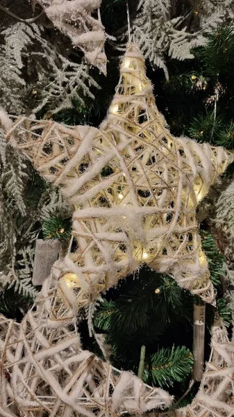 Pionowe Ujęcie Świątecznych Ornamentów Kształcie Gwiazdy Drzewie — Zdjęcie stockowe