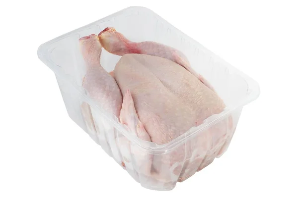 Целый Чистый Цыпленок Пластиковом Контейнере Белом Фоне — стоковое фото